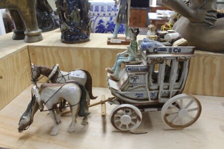 Large Nob Creek Pottery Cobb & Co Stage Coach with 2 Horses & 3 People