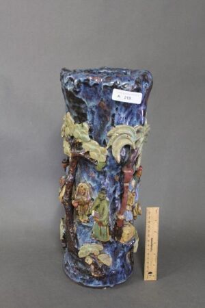 Tall Enamelled Stoneware Vase with Applied Decoration - As Is