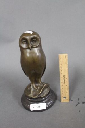 French Bronze Owl on Stone Plinth - Signed Milo - With Copper Paris Guarantee Medallion