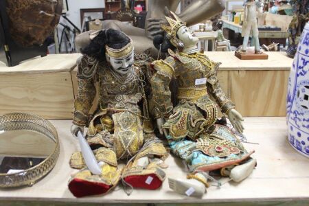 Pair of Large Carved Timber and Sequin Dressed Puppets