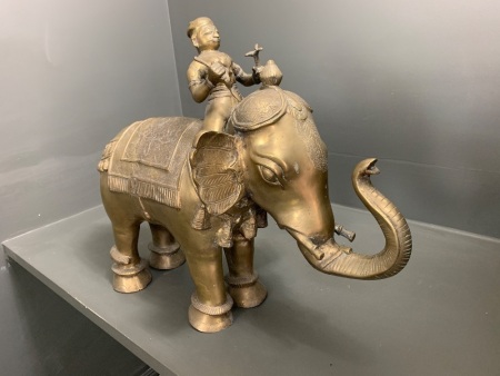 XL & Heavy Brass Asian Elephant with Mahut Rider - App. 750mm Long x 600mm Tall