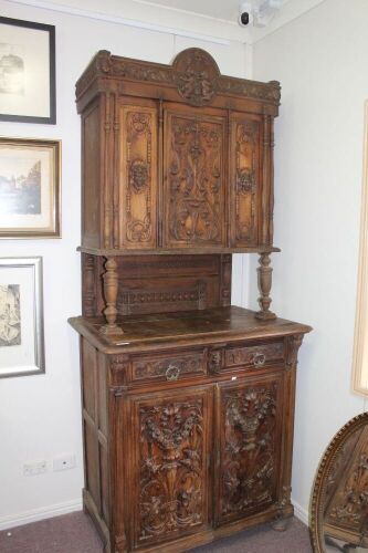 Antique Heavily Carved French Cherrywood Cupboard - Requires Minor Restoration