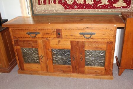 Large 2 Drawer 3 Door Cypress Pine Buffet from Recycled Timbers with Iron Mounts and Presseds Tin Panels