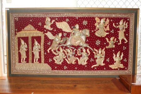 Huge Vintage Framed Burmese Padded & Sequinned Tapestry Depicting the Zodiac