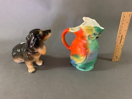 Vintage German Porcelain Bird Jug and Staffs Sausage Dog - Marked to Base