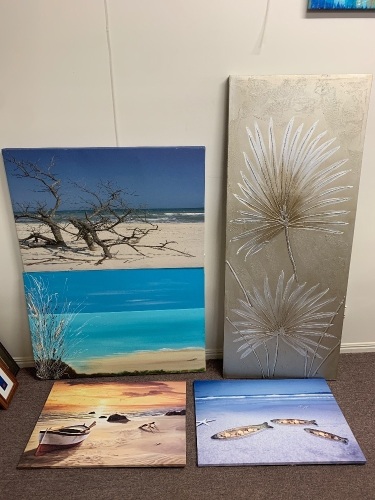 5 Asstd Canvas Artworks inc Large Flower + 4 Beach Scenes