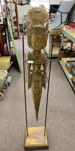 Carved Timber Asian Figure on Tall Stand with Basket at Rear