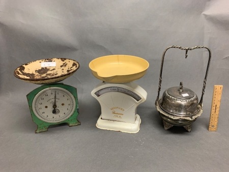 2 Vintage Persinware Kitchen Scales + Plated Conserve Stand As Is