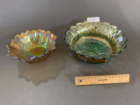 2 Vintage Carnival Style Glass Bowls - Green & Gold