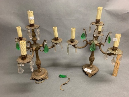 Pair of Vintage Brass Candelabra with Glass Drops - 1 As Is