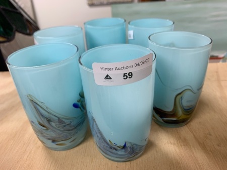 Set of 6 Mid Century Swirl Milk Glasses in Blue