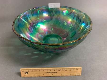 Vintage Aqua Carnival Glass Strawberry Bowl