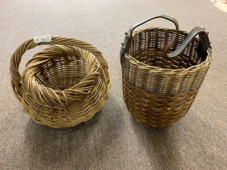 2 Vintage Wicker Baskets - 1 with Leather Handle