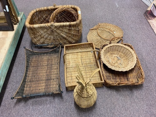 Large Asstd Lot of Wicker Baskets and Trays