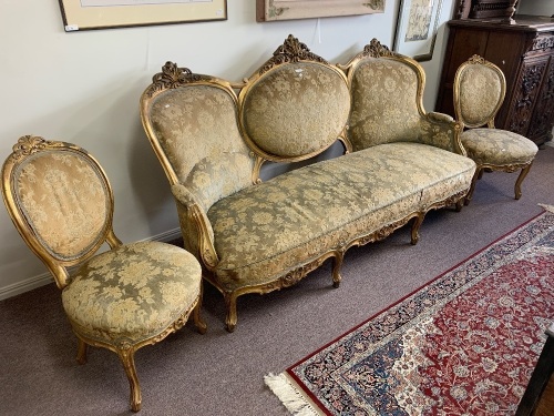 Antique Carved and Gilded 3 Piece Timber Framed Salon Setting Upholstered in Gold Brocade - From the Estate of Queen Olga of Wurttemberg