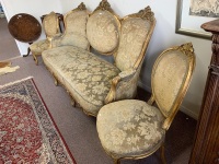 Antique Carved and Gilded 3 Piece Timber Framed Salon Setting Upholstered in Gold Brocade - From the Estate of Queen Olga of Wurttemberg - 3