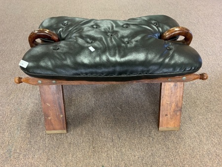 Indian Teak Padded Camel Stool with Brass Inlay