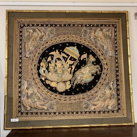 Large Vintage Gilt Framed Burmese Padded & Sequinned Tapestry