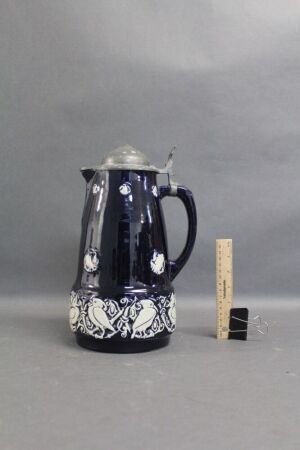 Blue Mid Century W.German Ceramic Water Jug with Pewter Lid