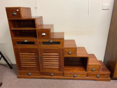 Large Teak Stepped Display Shelves with Doors and Drawers