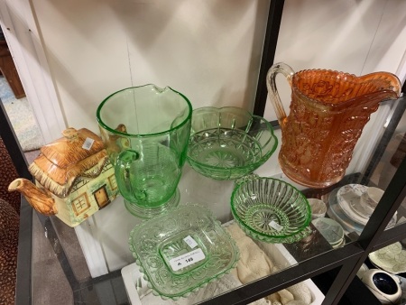 4 Pieces Vintage Green Depression Glass + Large Marigold Carnival Glass Jug with Crack + Cottage Ware Teapot with Hairline