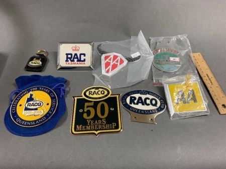 8 Enamelled Motoring Club Car Badges inc. RACQ Centenary & 50 Year Badges, NT, Tas, Canberra etc