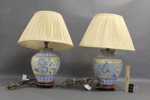 Pair of Blue and Yellow Porcelain Lamps with Shades