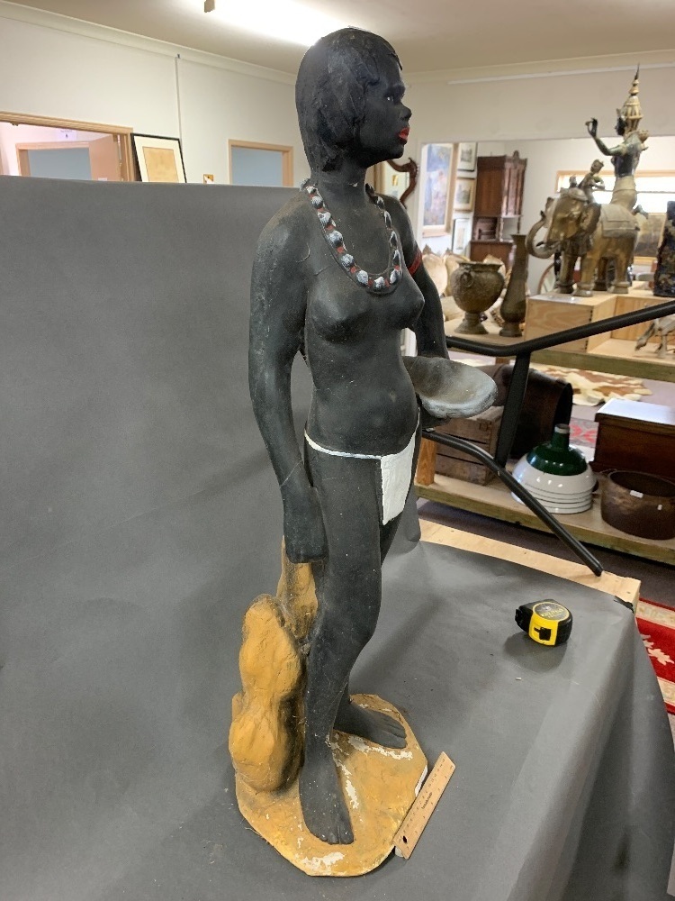 Tall Vintage Painted Aboriginal Female Statue Base Inscribed Red. Des