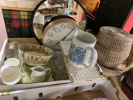 2 Boxes Interesting Bric-a- Brac inc. Mirrors, Ceramics, Crystal, Cutlery, Baskets and Trays