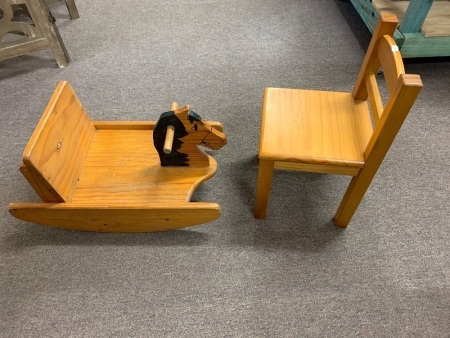 Vintage Timber Childs Rocking Horse and Chair