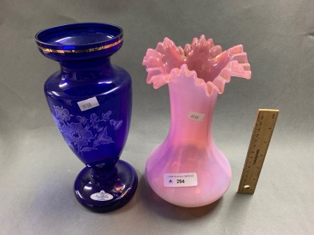 Vintage Tall Pink Vaseline Glass Vase with Ruffled Edge + Later Blue Bohemian Glass Vase