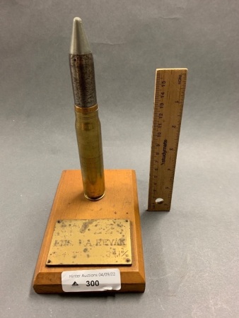 Vintage Mounted Ammunition Shell with Inscribed Brass Plaque c1957