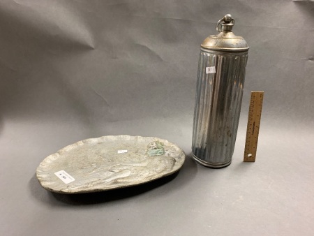 Vintage Cast Art Nouveau Style Dish + Vintage Ribbed Water Flask