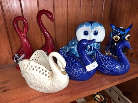 Collection of Ceramic and Glass Swans and Owls