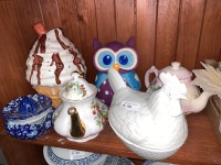 Asstd Lot of Ceramic Cookie Jars, Tea Pots, Chook Egg Basket & Juice Squeezer