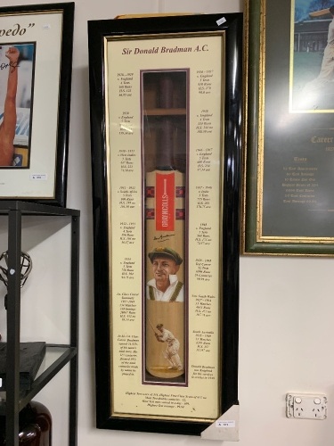 Full Size Signed and Box Framed Don Bradman Cricket Bat with Career Records + Certificate