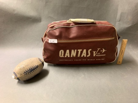 Original Vintage Qantas V-Jet Passenger Holdall + Signed Anset Football