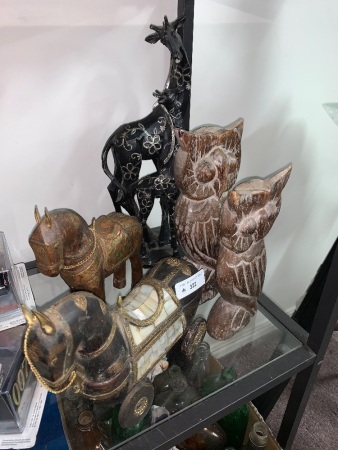 Asstd Lot of Carved Timber Animals and Birds inc. Horses & Owls