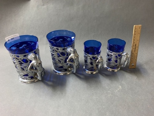 2 Large & 2 Smaller Bristol Blue Glass and Chrome Diana Tankards