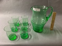 Vintage Green Glass Jug and Six Matching Glasses