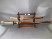 2 Wooden Sheathed Samurai Swords on Timber Display Stand