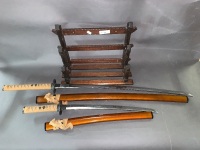 2 Wooden Sheathed Samurai Swords on Timber Display Stand - 2