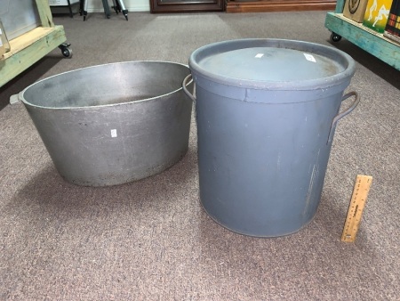 Vintage Steel Bin with Lid + Large Heavy Vintage Aluminium Tub