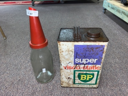 Vintage NSW 1 Litre Oil Bottle With Caltex Plastic Funnel As Is + 1 Gallon BP Super Visco Static Oil Tin