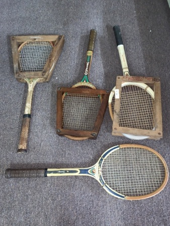 4 x Vintage Timber Tennis Raquets with Presses