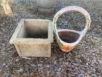 Large Concrete Flower Basket + Square Planter - As Is - 2