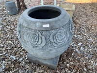 Large Carved Roses Basalt Pot on Plinth