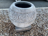 Large Carved Roses Basalt Pot on Plinth - 2