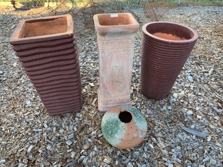 3 Large + 1 Small Terracotta Pots - 2 Painted