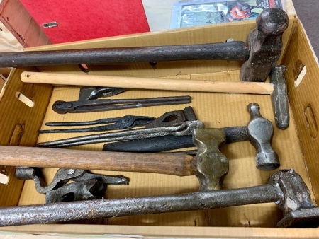 Asstd Lot of Vintage Blacksmiths Tools inc. Tongs, Hammers, Swages etc